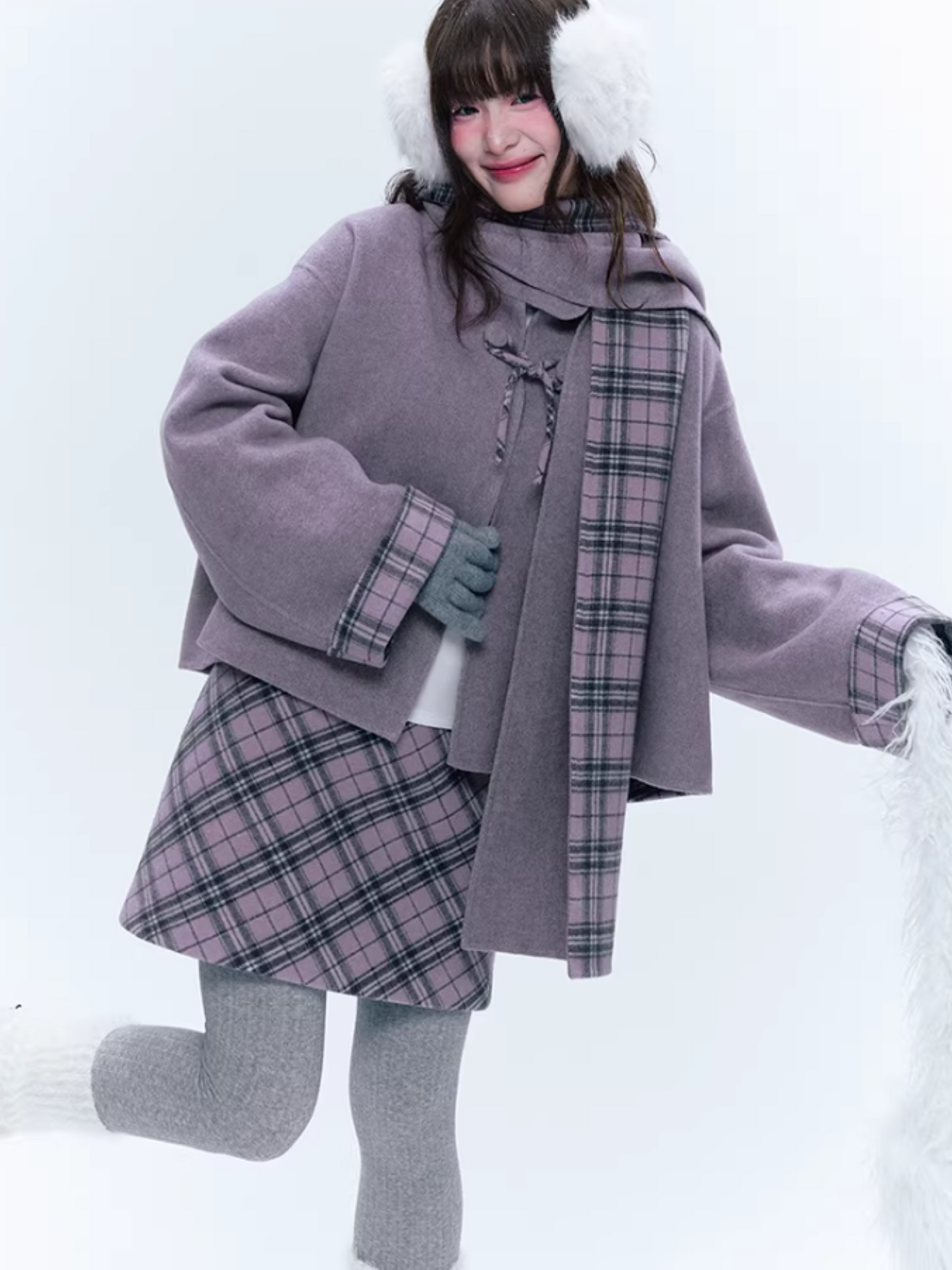 CREAMO2奶油氧气 - Soft Mauve Reversible Plaid Wool Cape Coat Set