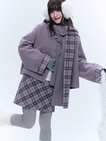 CREAMO2奶油氧气 - Soft Mauve Reversible Plaid Wool Cape Coat Set
