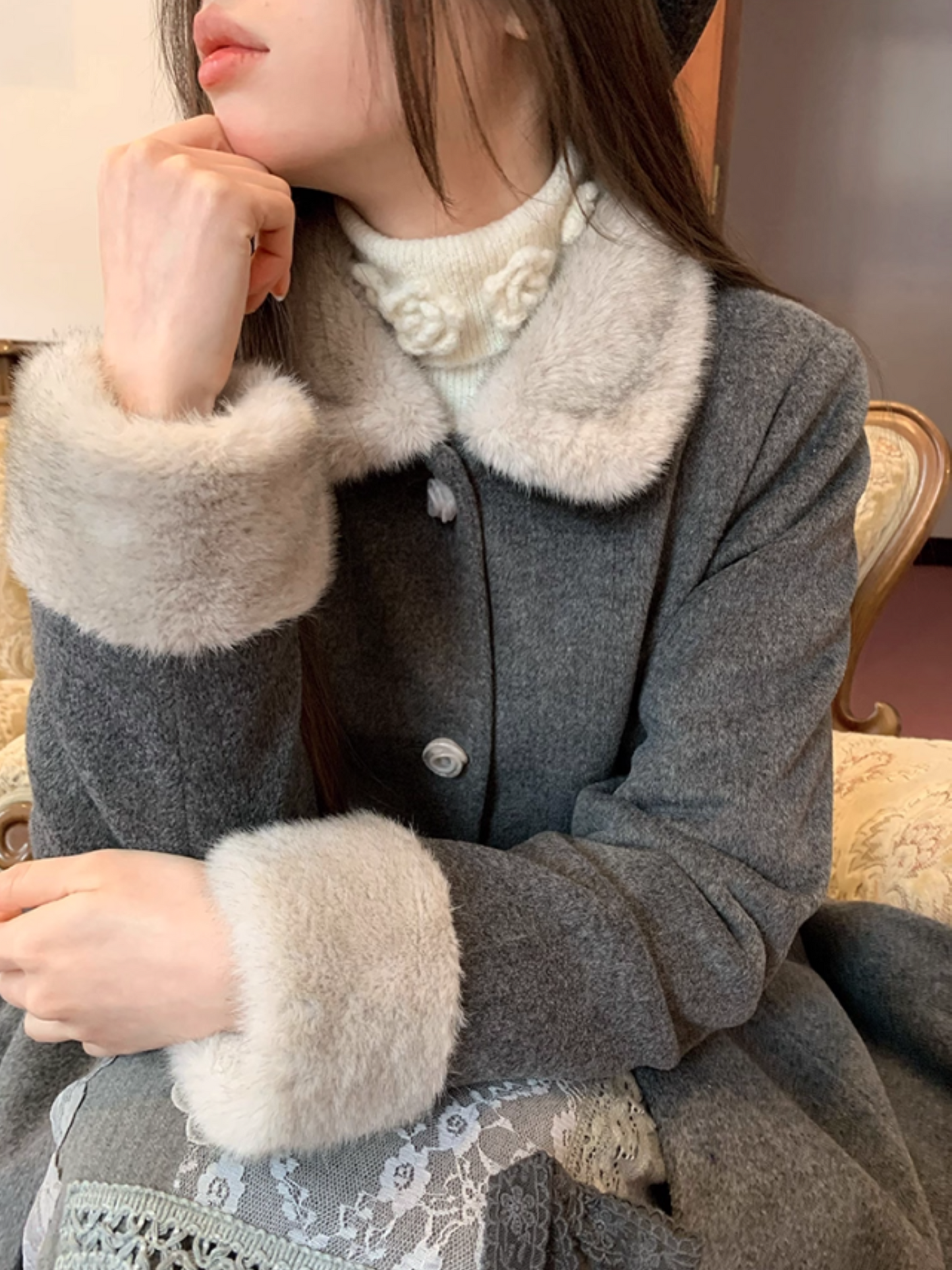 “Moscow Haze" Rose-Button Wool Coat – Cinched Waist Elegance