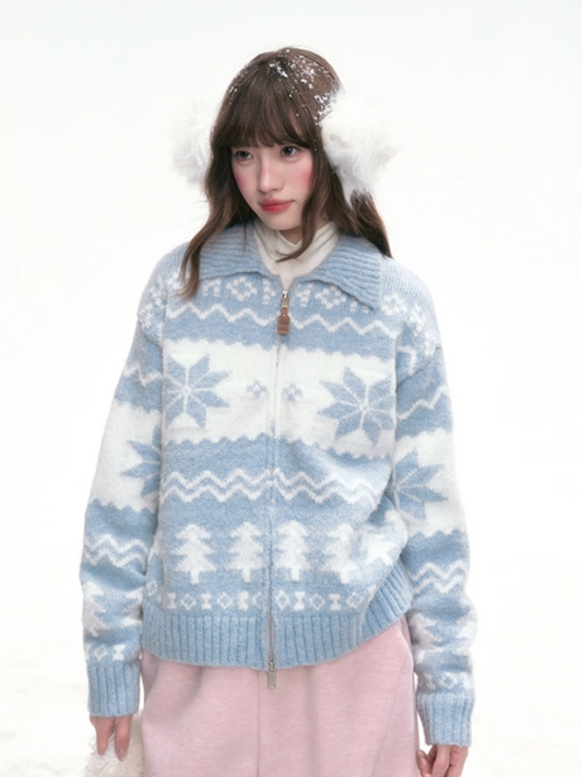 "Frost Whisper" Blue Vintage Contrast Knit Cardigan LL2025305