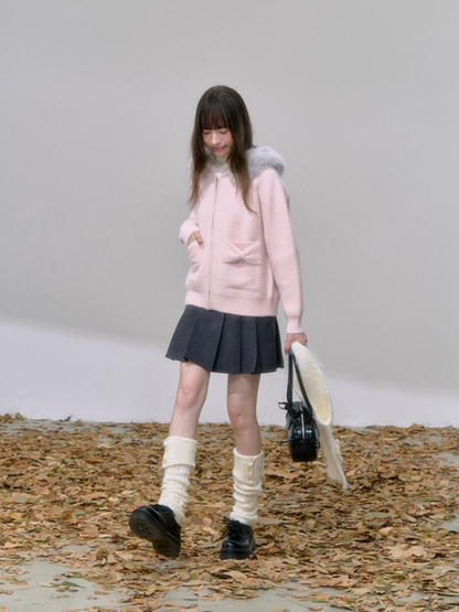 "糖霜玫境" Soft Girl Bow Pocket Hoodie Cardigan – Pastel Pink/ Milky White