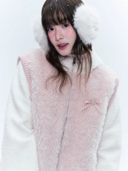 CREAMO2奶油氧气 - Pink & White Faux-Layered Teddy Padded Jacket