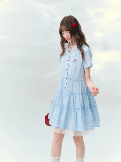“Weaving Red Melody” Blue Plaid Tiered Ribbon Dress SJ2026125