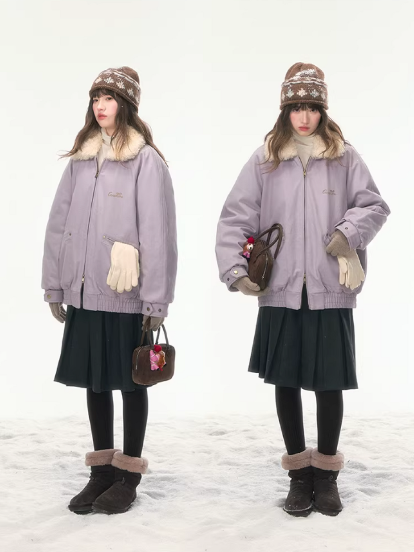 "Misty Lilac" Contrast Fur Collar Utility Down Jacket LL2025457