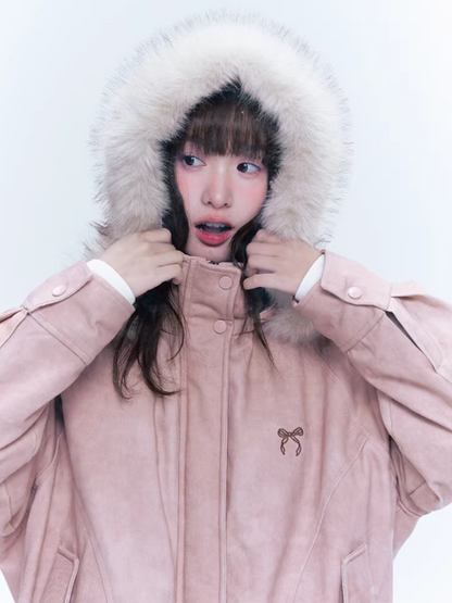 CREAMO2奶油氧气 - Misty Pink Sweet-Cool Detachable Fur-Trim Hooded Puffer Jacket
