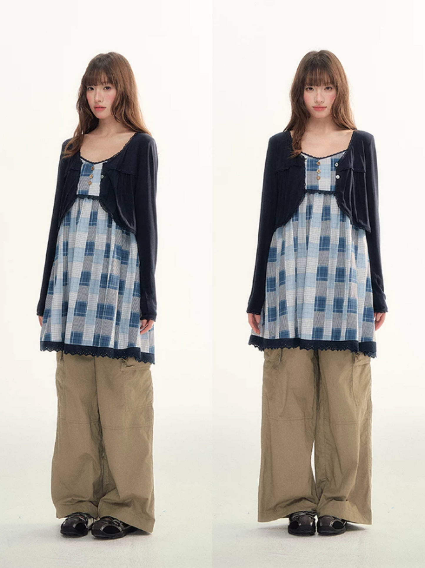Blue Plaid Lace Trim Dress & Navy Cardigan Set  LL2026078