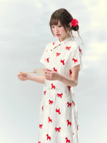 “Crimson Steed Reverie” Red Embroidered Cheongsam Dress LL2026165