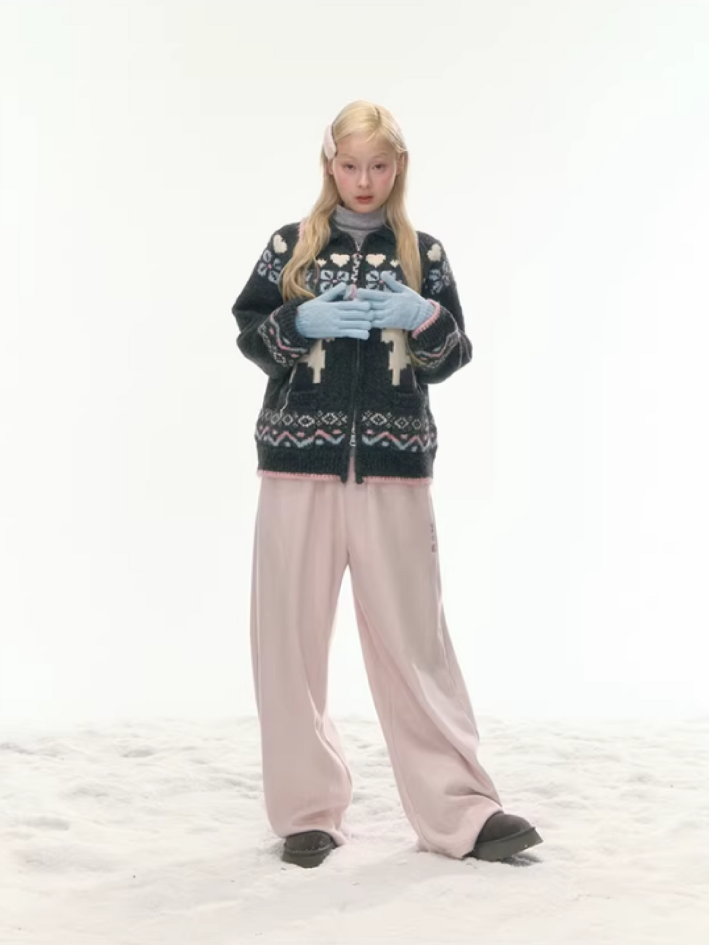"Nordic Fairytale" Charcoal Pony Zip-Up Knit Cardigan WW2025449