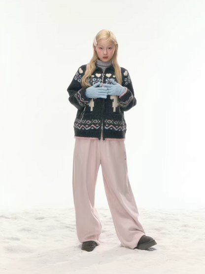 "Nordic Fairytale" Charcoal Pony Zip-Up Knit Cardigan WW2025449