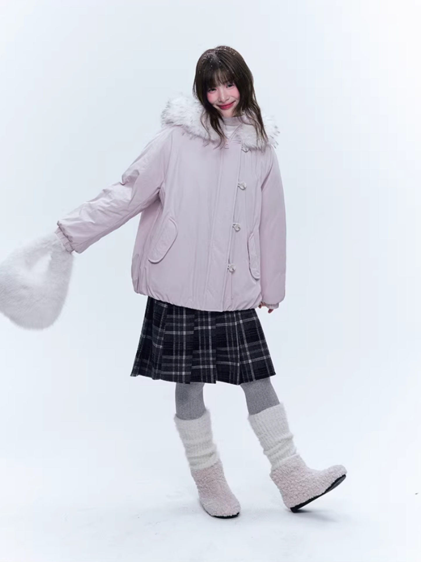 CREAMO2奶油氧气 - Soft Pink-Purple Detachable Fur Hooded Down Jacket