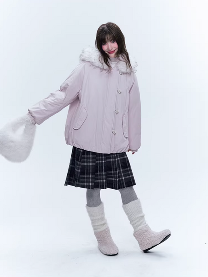 CREAMO2奶油氧气 - Soft Pink-Purple Detachable Fur Hooded Down Jacket