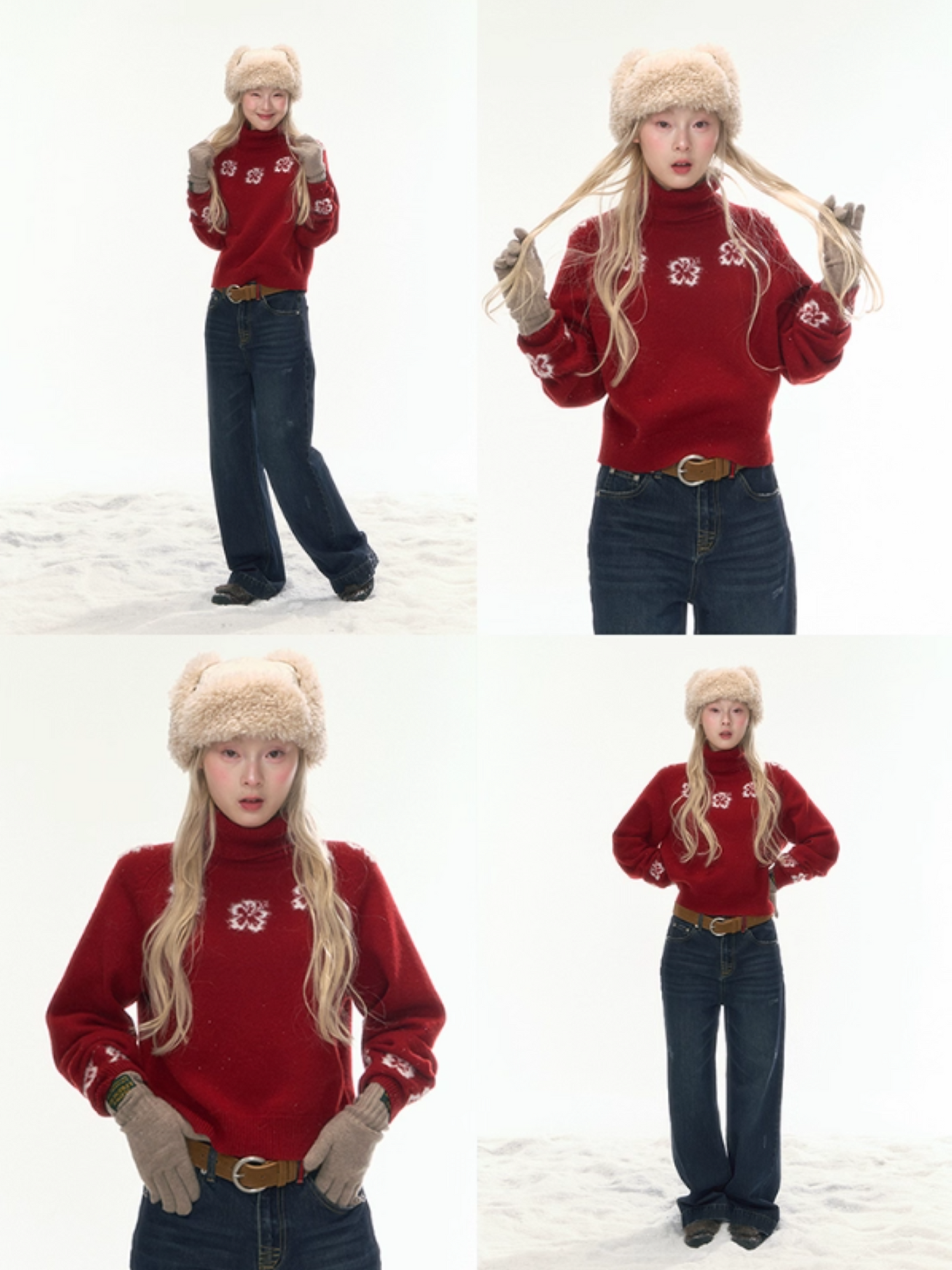 "Off-Season Garden" Red Jacquard Wool Turtleneck Knit Top LL2025304