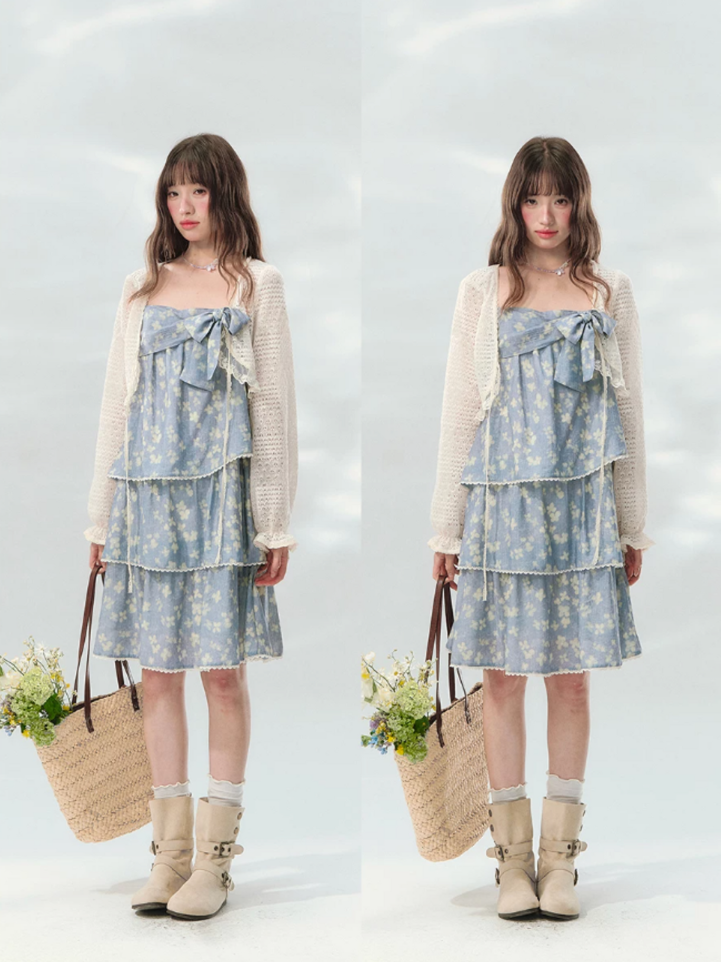 “Blue Mist Petals” Dusty Blue Floral Tiered Mini Dress LL2026120