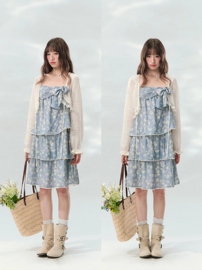 “Blue Mist Petals” Dusty Blue Floral Tiered Mini Dress LL2026120