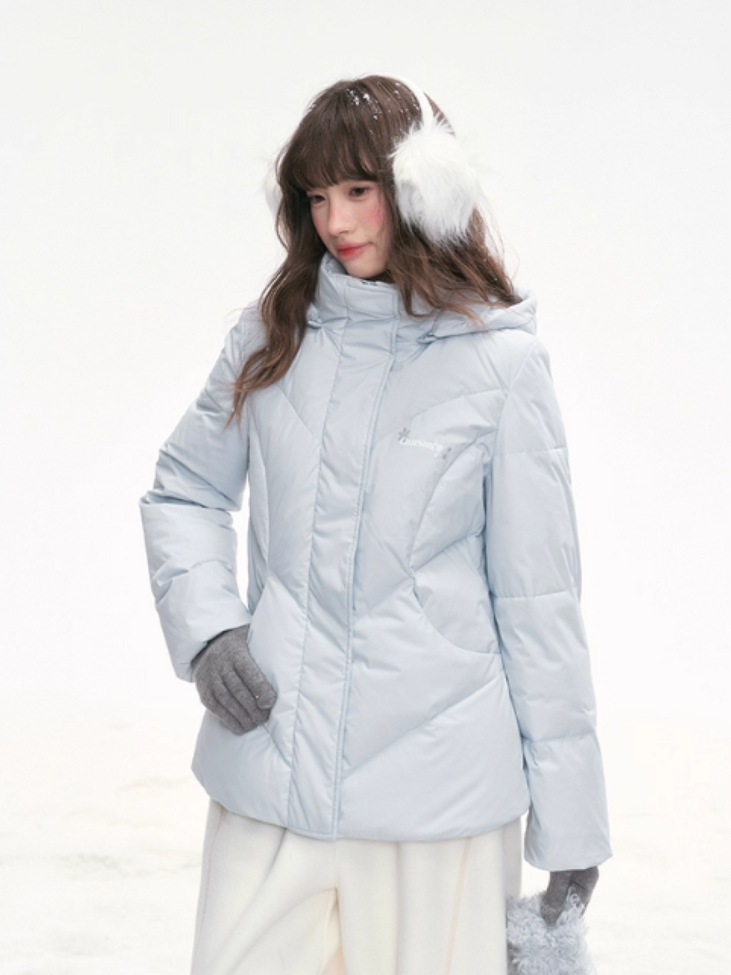 “Snowday Serenade” Powder Blue Waist-Defining Down Jacket LL2025298