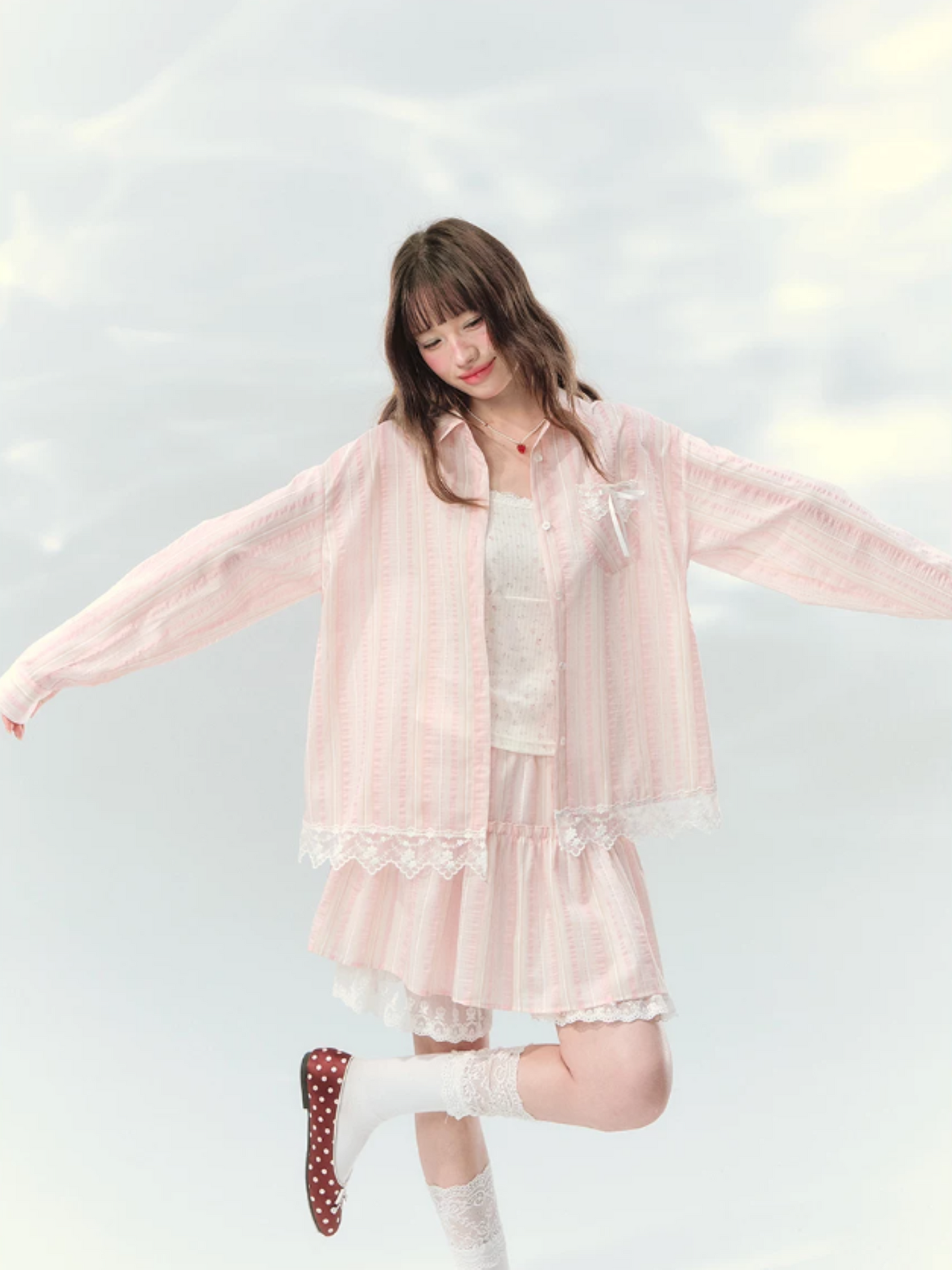 “Pink Mist Love Letter” Pink Stripe Lace Skirt Set LL2026161