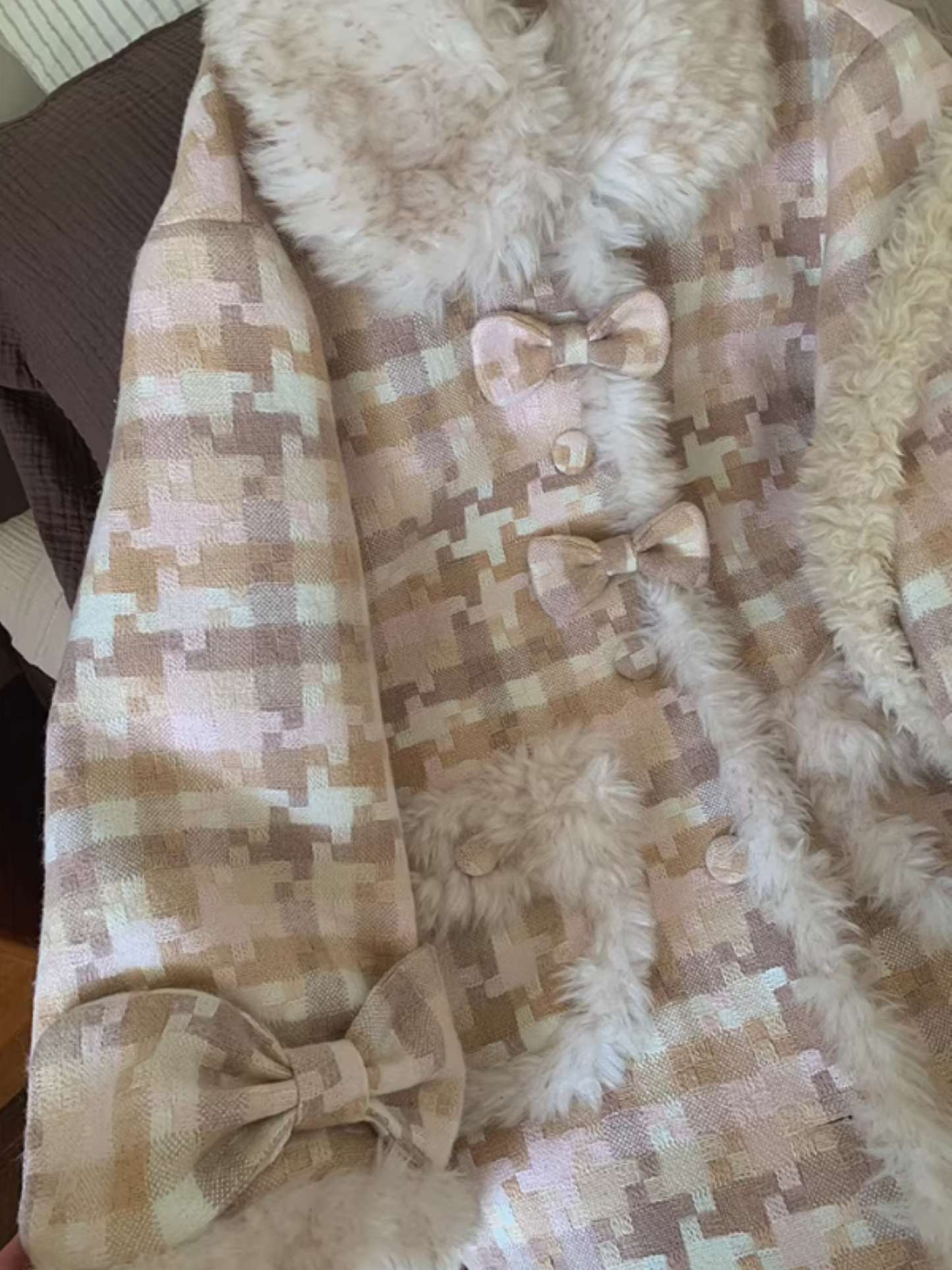 阮阮自制 - Clara Bow Blush Plaid Wool-Blend Padded Coat
