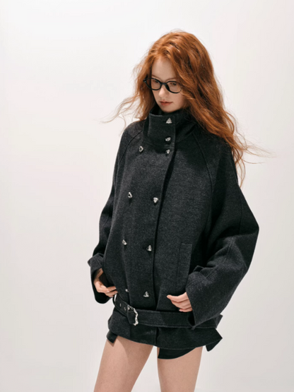 "柔廓定理" Wool-Blend Structured Military Coat with Stand Collar