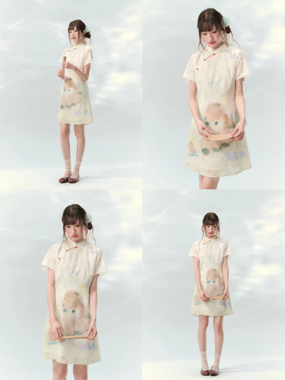“Velvet Deer Whisper” Ivory Deer Print Cheongsam Dress LL2026174