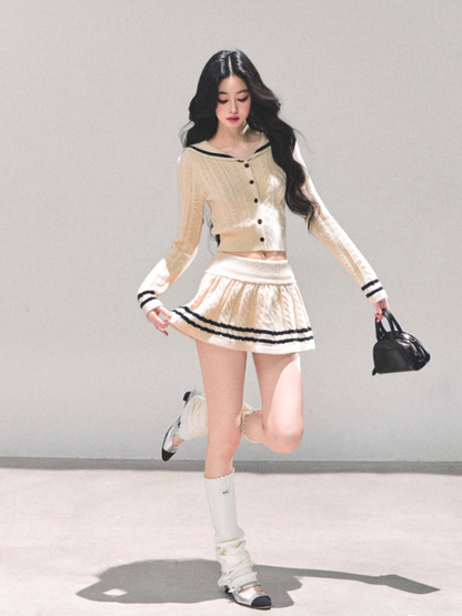 "晚风的低语" French Knit Co-ord Set – Beige Top & Mini Skirt