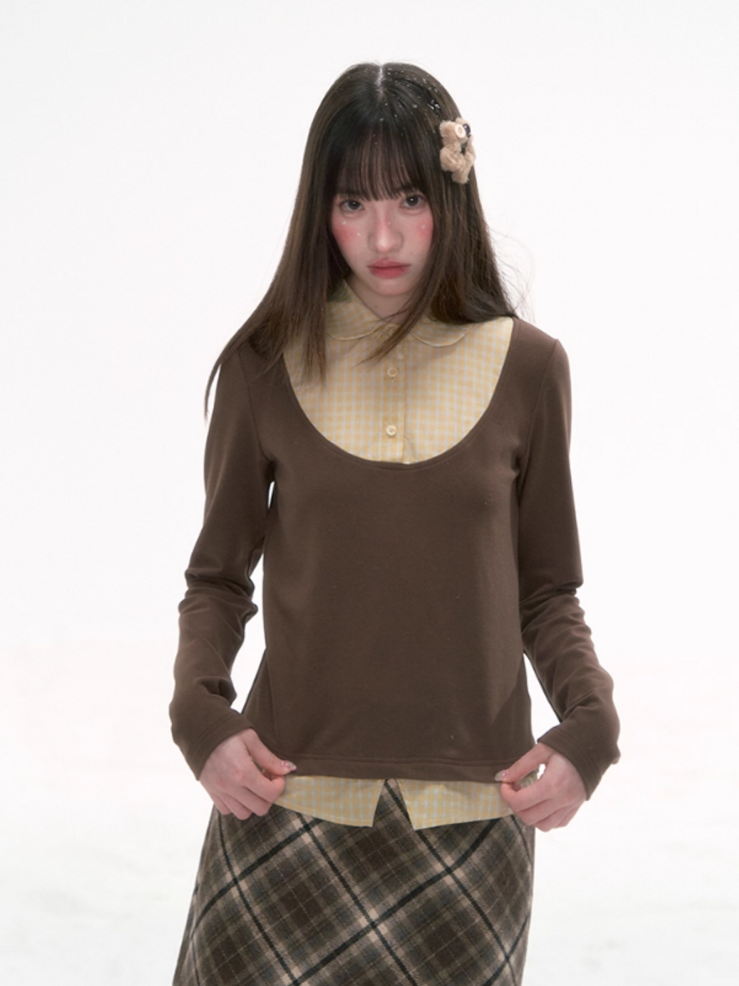 '格间絮语' Vintage Plaid Patchwork Knit Top – Brown/Yellow & Gray/Blue