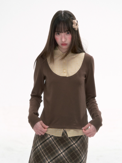 '格间絮语' Vintage Plaid Patchwork Knit Top – Brown/Yellow & Gray/Blue