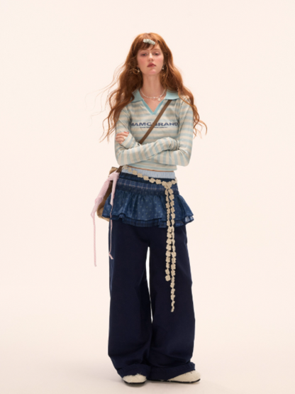 MAMC - Vintage Striped Long Sleeve Polo T-Shirt (Blue Stripes)