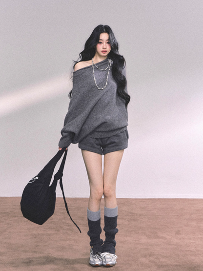 少也眼 Korean Off-Shoulder Slouchy Knit Sweater