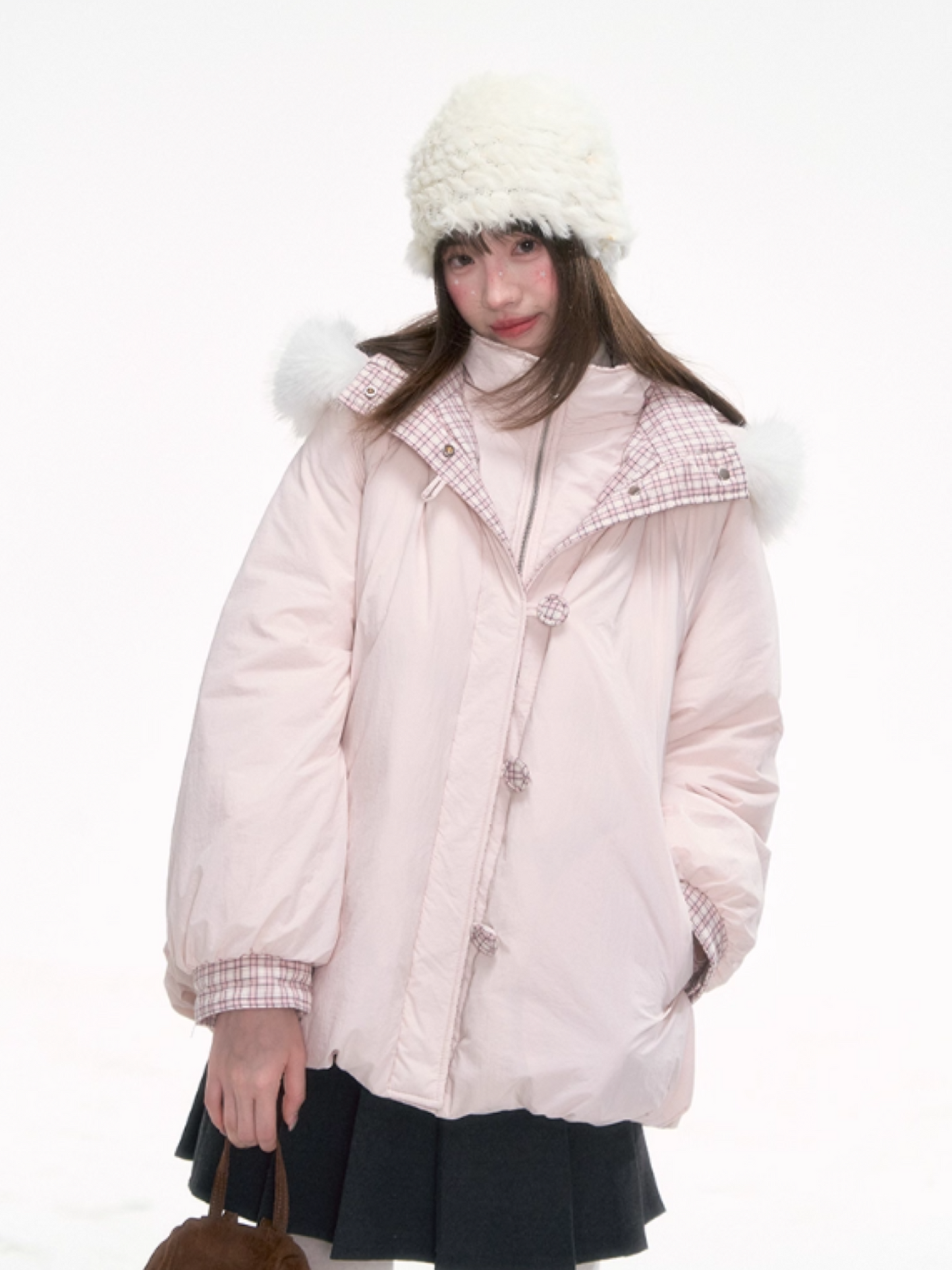 "Snow Mirage" Layered Bloom Down Parka – Pink Faux Two-Piece Hooded Coat with Fur Trim
