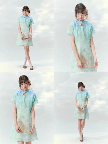 “Velvet Deer Whisper” Teal Deer Print Cheongsam Dress LL2026174