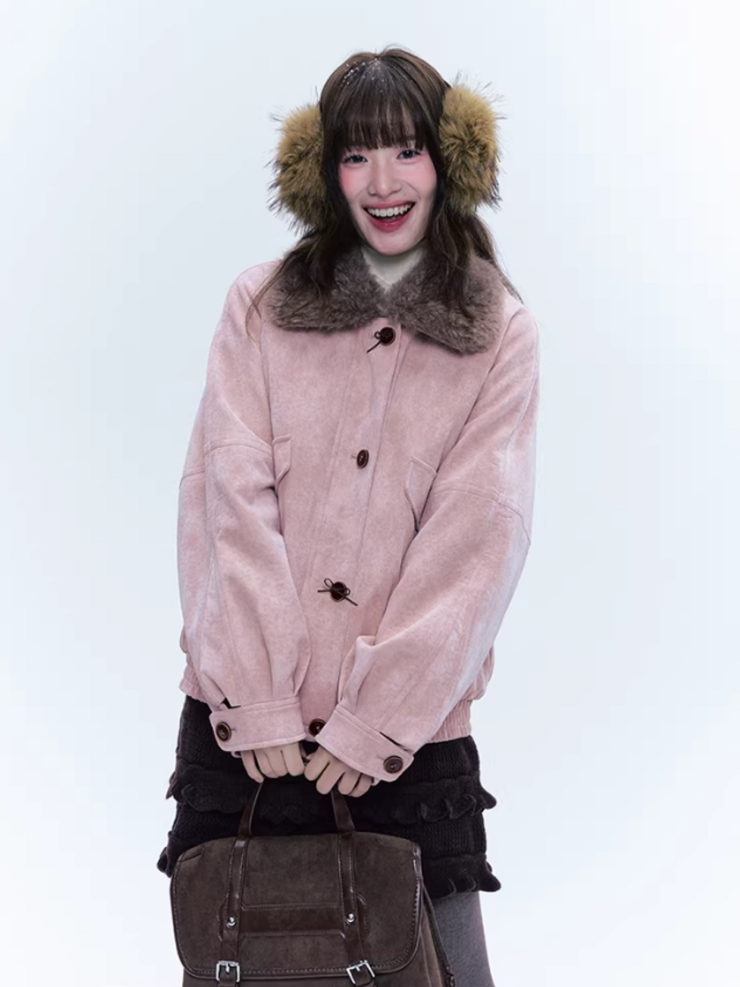 CREAMO2奶油氧气 - Peach Mist Detachable Fur-Collar Faux Suede Padded Jacket