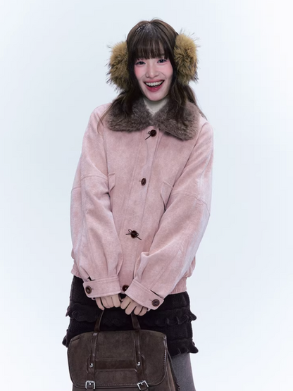 CREAMO2奶油氧气 - Peach Mist Detachable Fur-Collar Faux Suede Padded Jacket