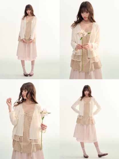 Soft Lace Tie-Front Cardigan & Cami Set LL2026100