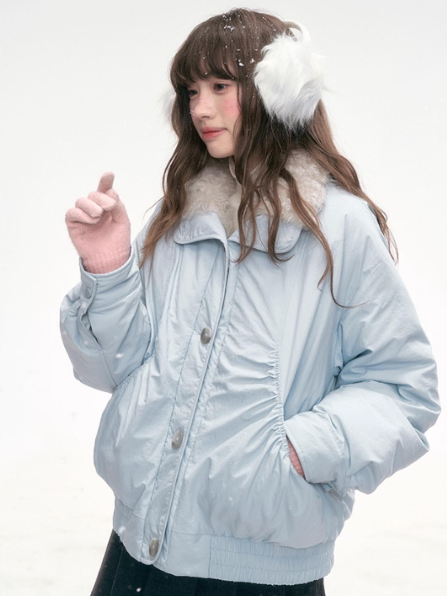 "Soft Mist Cove" Contrast Collar Down Jacket – Sky Blue & Light Gray LL2025308