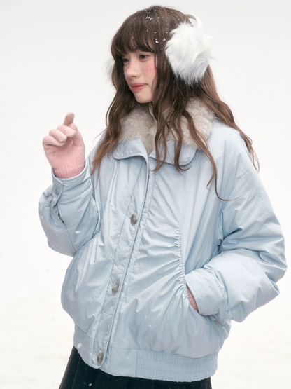 "Soft Mist Cove" Contrast Collar Down Jacket – Sky Blue & Light Gray LL2025308