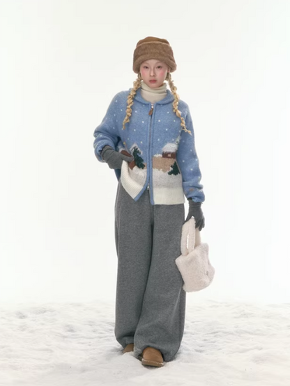 "Hand-Stitched Snow Fairytale" Blue Zip-Up Knit Cardigan LL2025448