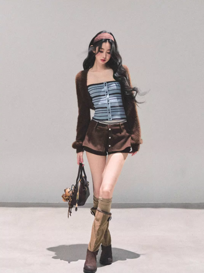少也眼 Autumn Breeze Striped Knit Slim Vest Tee