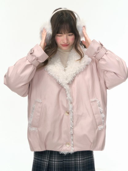 "Fuzzy Signal" Pale Pink PU-Trim 90% Down Jacket LL2025465