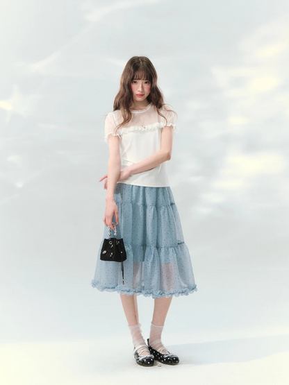 “Soft Candy Stardust” Lace Mesh Puff Sleeve Tee  LL2026149