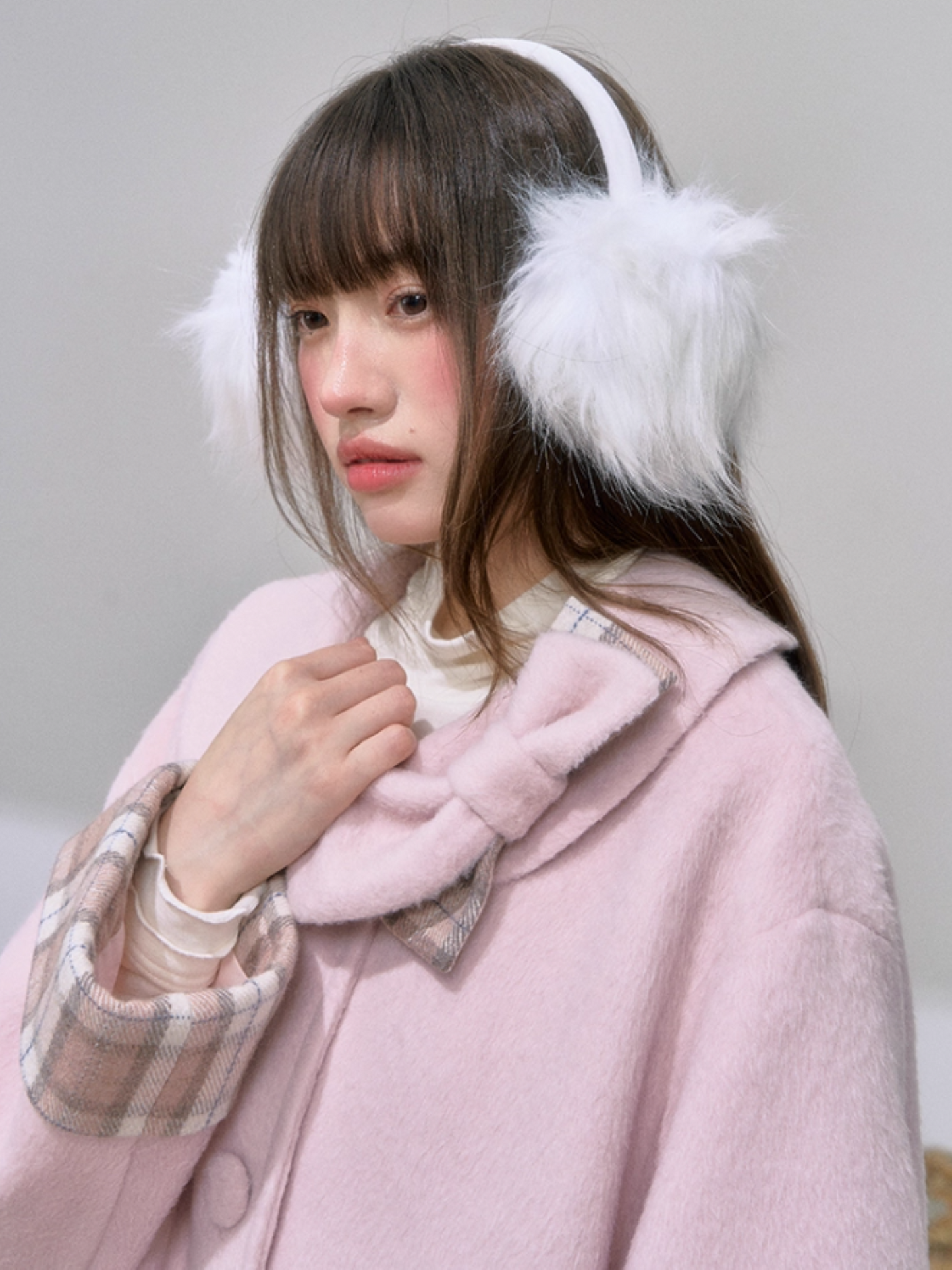 "樱格恋语" Sakura Pink A-Line Wool Coat with Oversized Bow