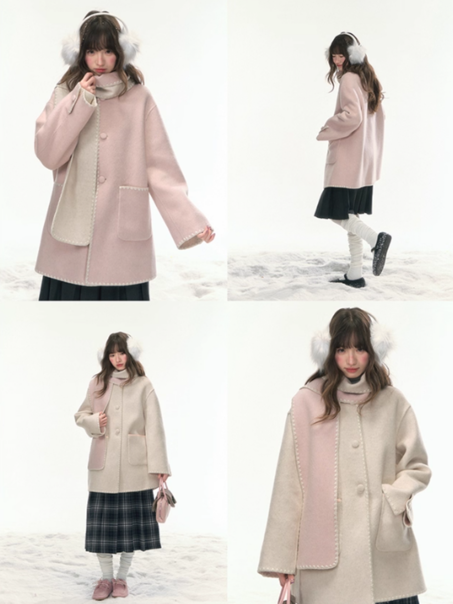 "Morning Verse & Night Poem" Reversible Wool Two-Tone Overcoat - Pink × White LL2025455