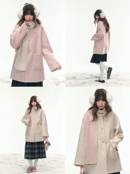 "Morning Verse & Night Poem" Reversible Wool Two-Tone Overcoat - Pink × White LL2025455