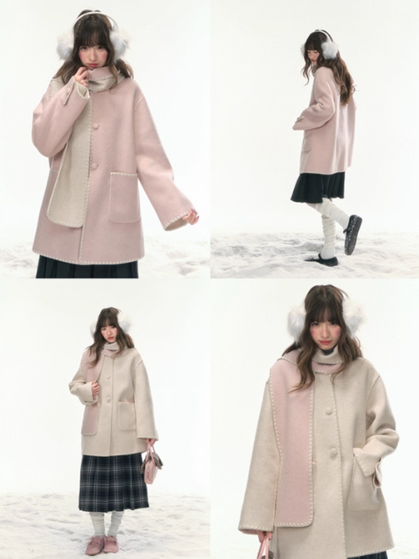 [CAN] "Morning Verse & Night Poem" Reversible Wool Two-Tone Overcoat - Pink × White LL2025455