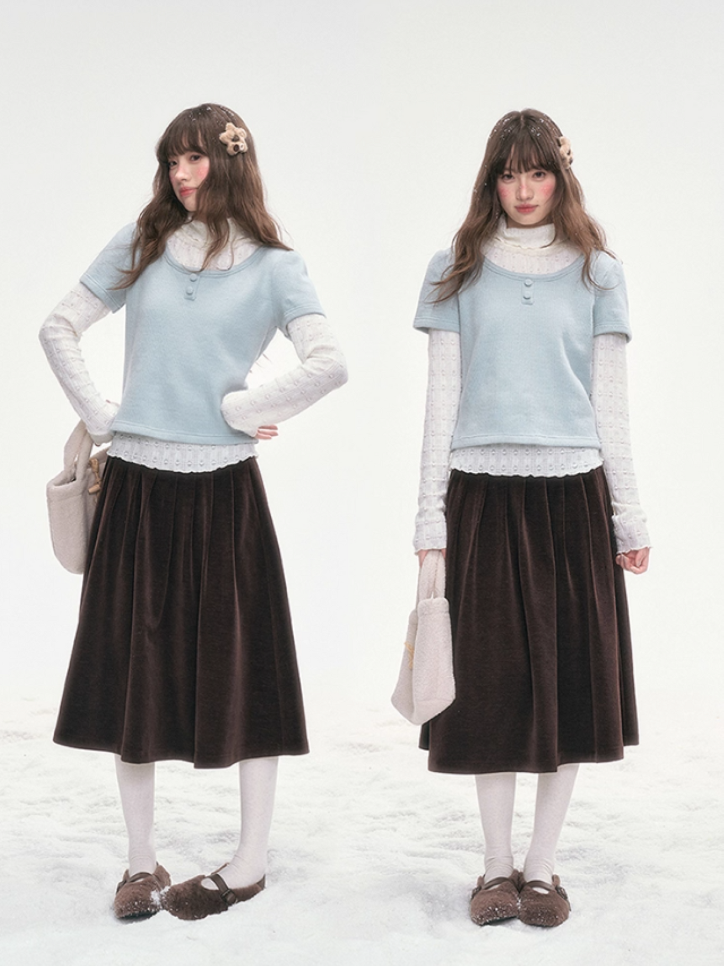 "Polka Waltz" Corduroy Pleated Skirt – Brown SJ2025333