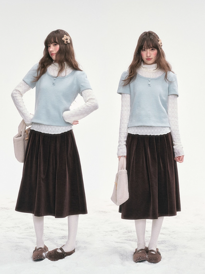 "Polka Waltz" Corduroy Pleated Skirt – Brown SJ2025333