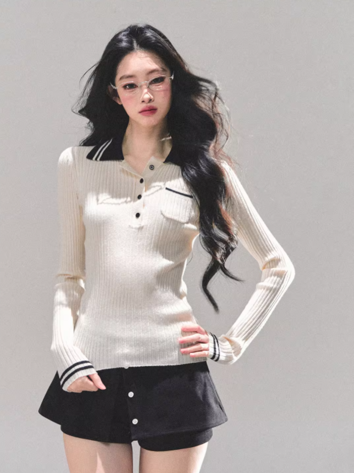"温蒂的信" Classic Polo Collar Knit Top - White