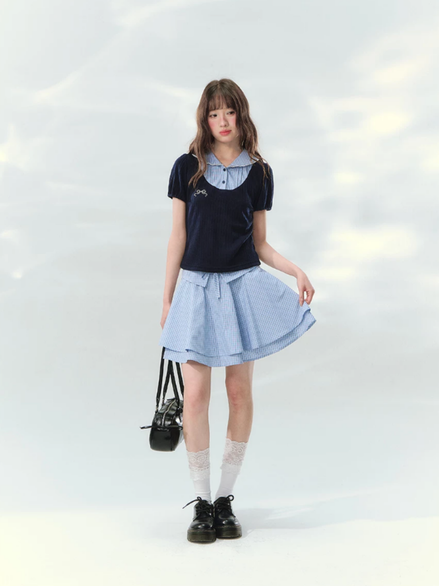 “Milk Candy Academy” Navy Plaid Collar Skirt Set LL2026147