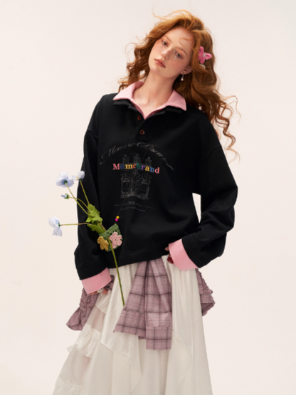 MAMC - Fake Two-Piece Buttoned Polo Sweatshirt WE823 - BLACK
