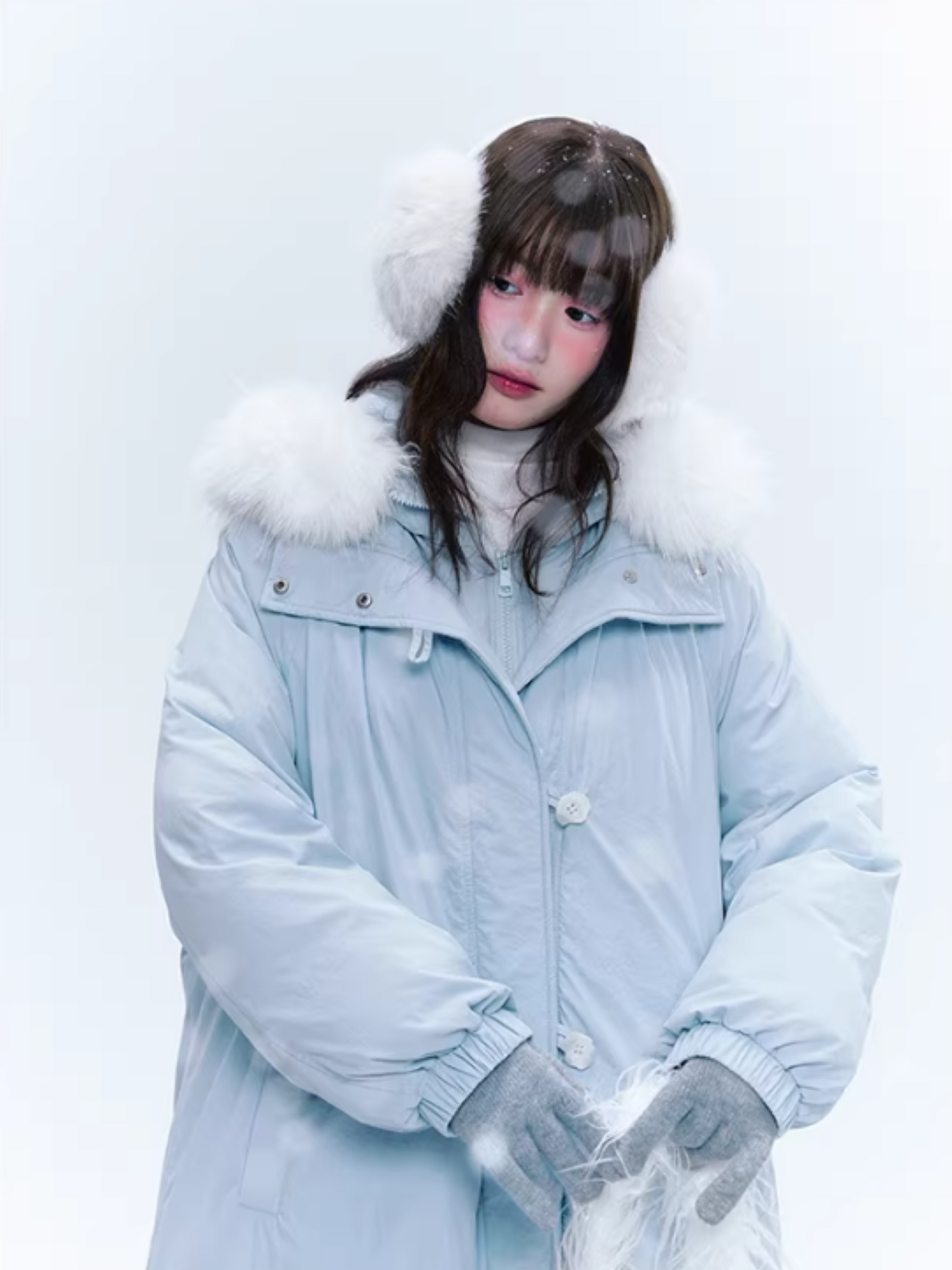 CREAMO2奶油氧气 - Milk Mist Blue Faux-Layered Mid-Length Down Puffer Coat