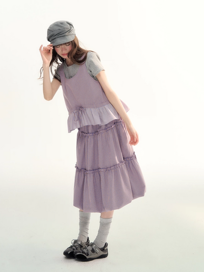 Lavender Plaid Bubble Top & Tiered Skirt Set SJ2026091